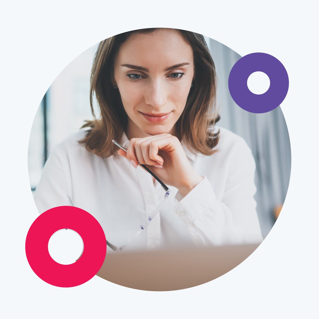 a woman holding her glasses in her hand, contemplating effective digital financial marketing